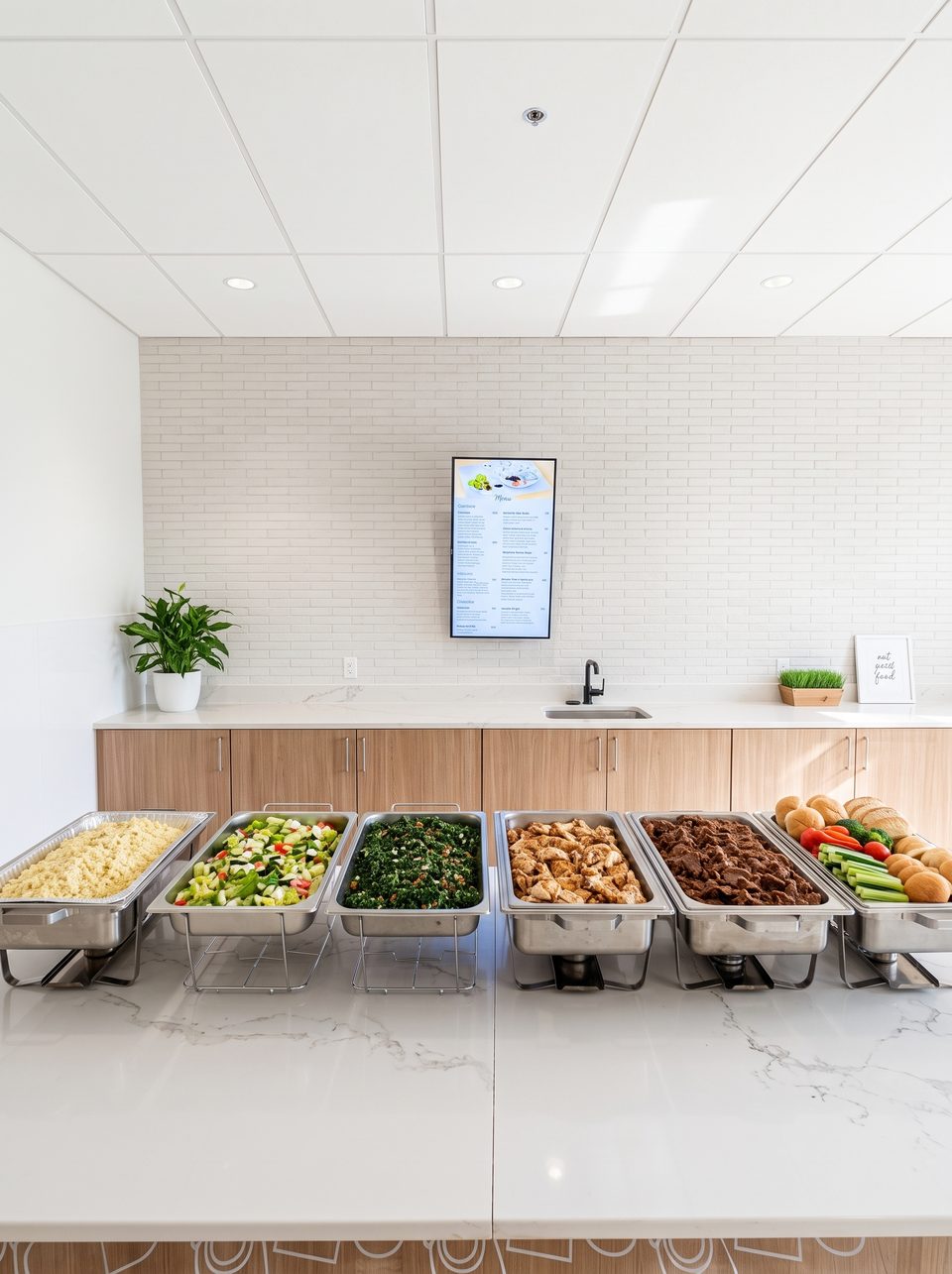 Buffet line of chafing dishes with chicken, beef, salads, and sides